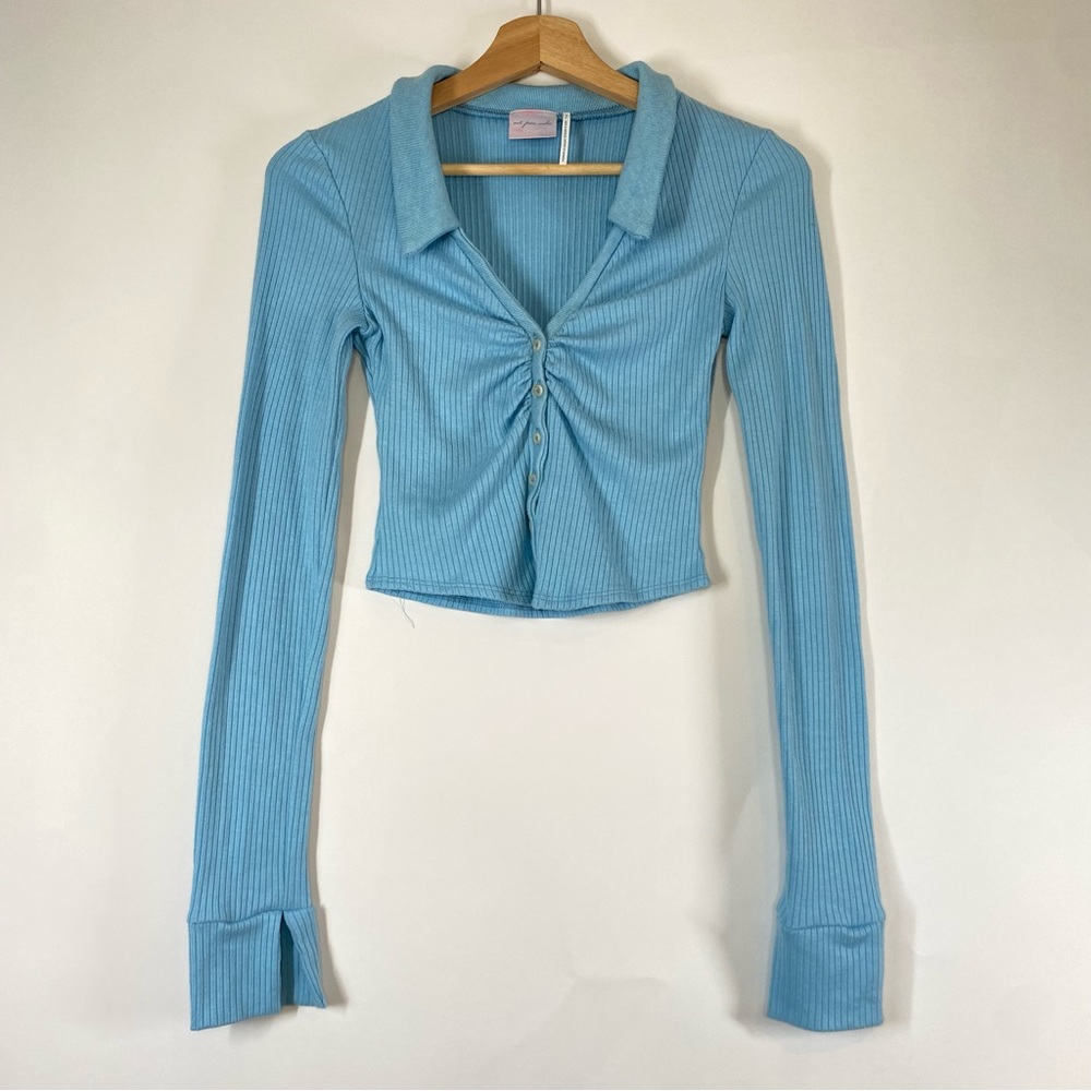 Out From Under UO Baby Blue Gathered Front Button Down Ribbed Long Sleeve Top S